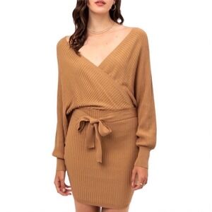 Love Tree Camel Ribbed Knit Wrap Sweater Dress Dolman Sleeve Tie Waist M